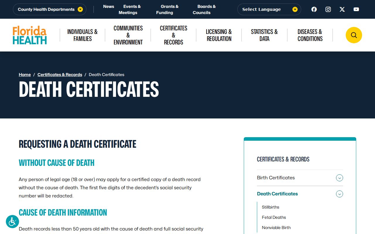 Miami previous residents Florida death certificate access