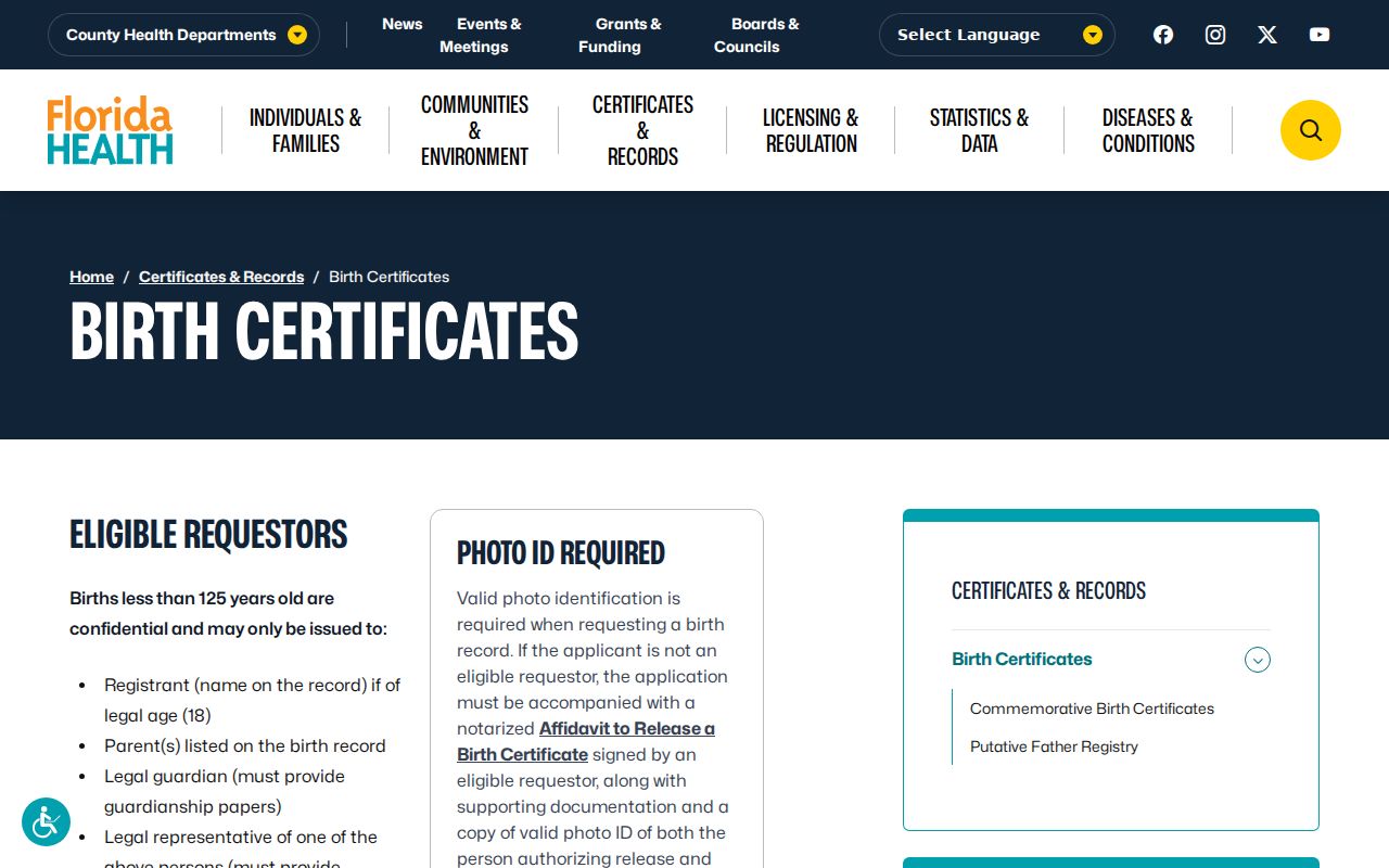 Miami previous residents Florida birth certificate access