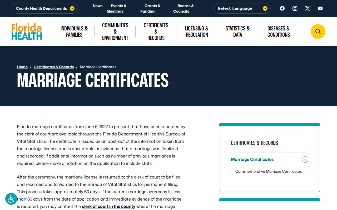 Miami previous residents Florida marriage certificate service