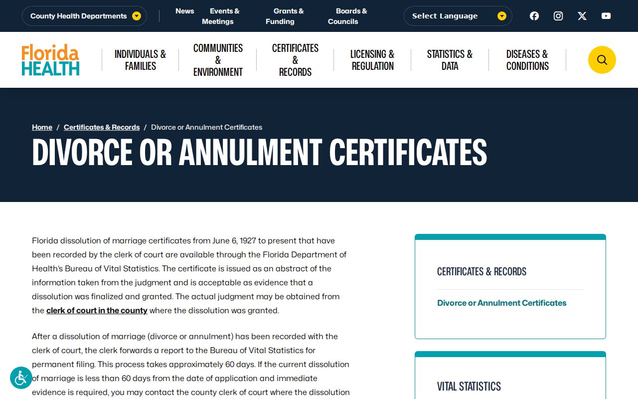 Miami previous residents Florida dissolution certificate service