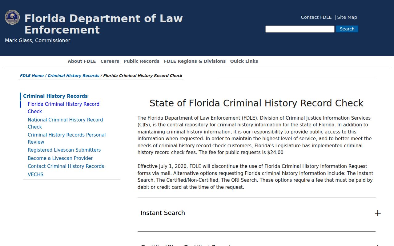 Miami resident lookup Florida criminal history check page